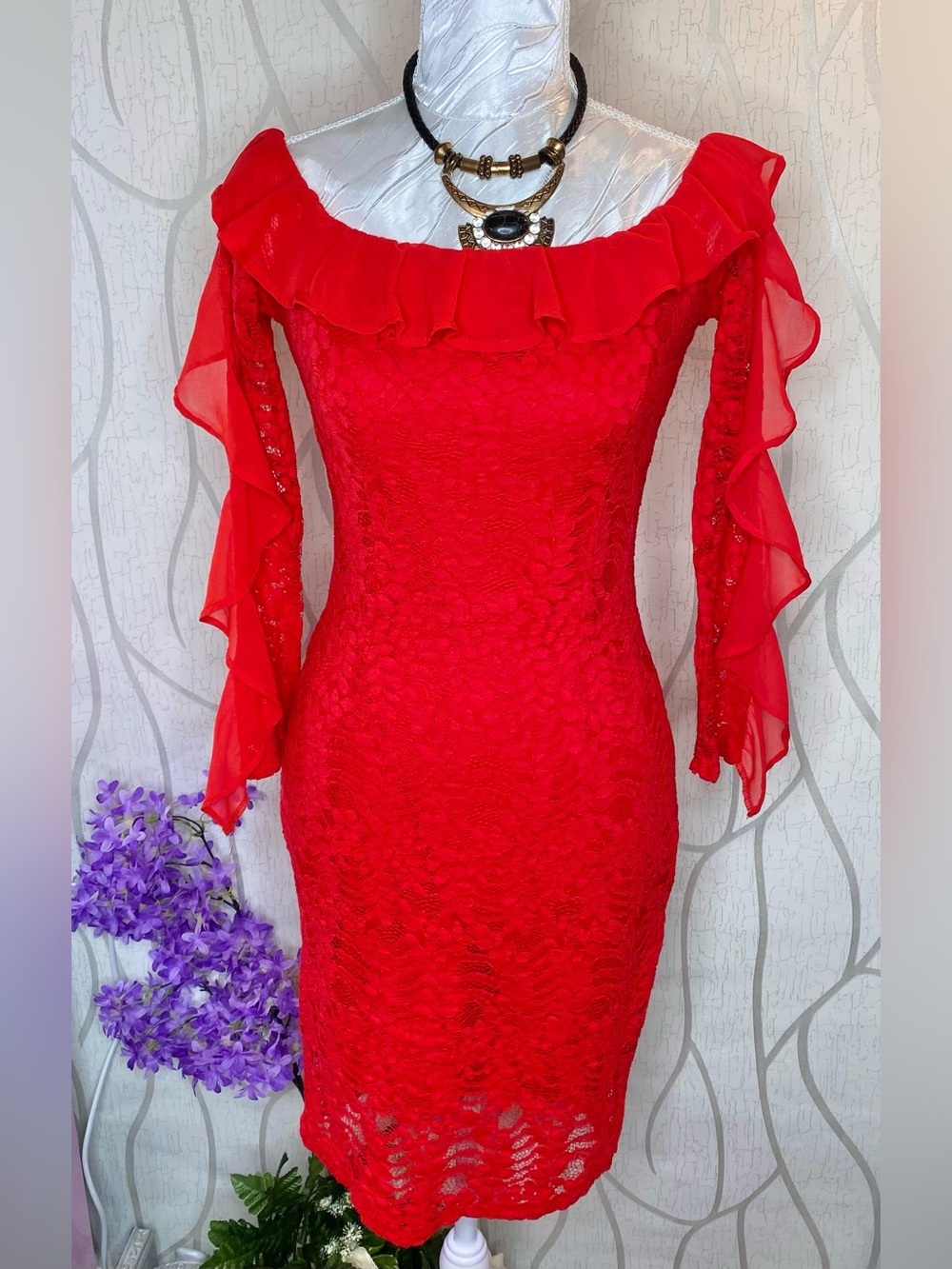 🌹Sexy Vibrant Red Lace Off Shoulder Dress with Chiffon Ruffle Trim 🌹 CBR